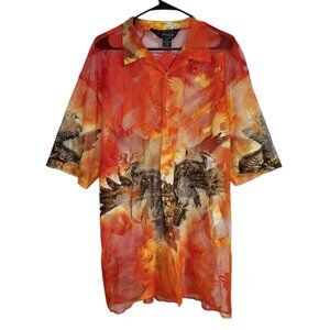 Vintage Y2K Dragon Flame Mesh Net Disco Skate Asian Button Down Shirt - 2XL